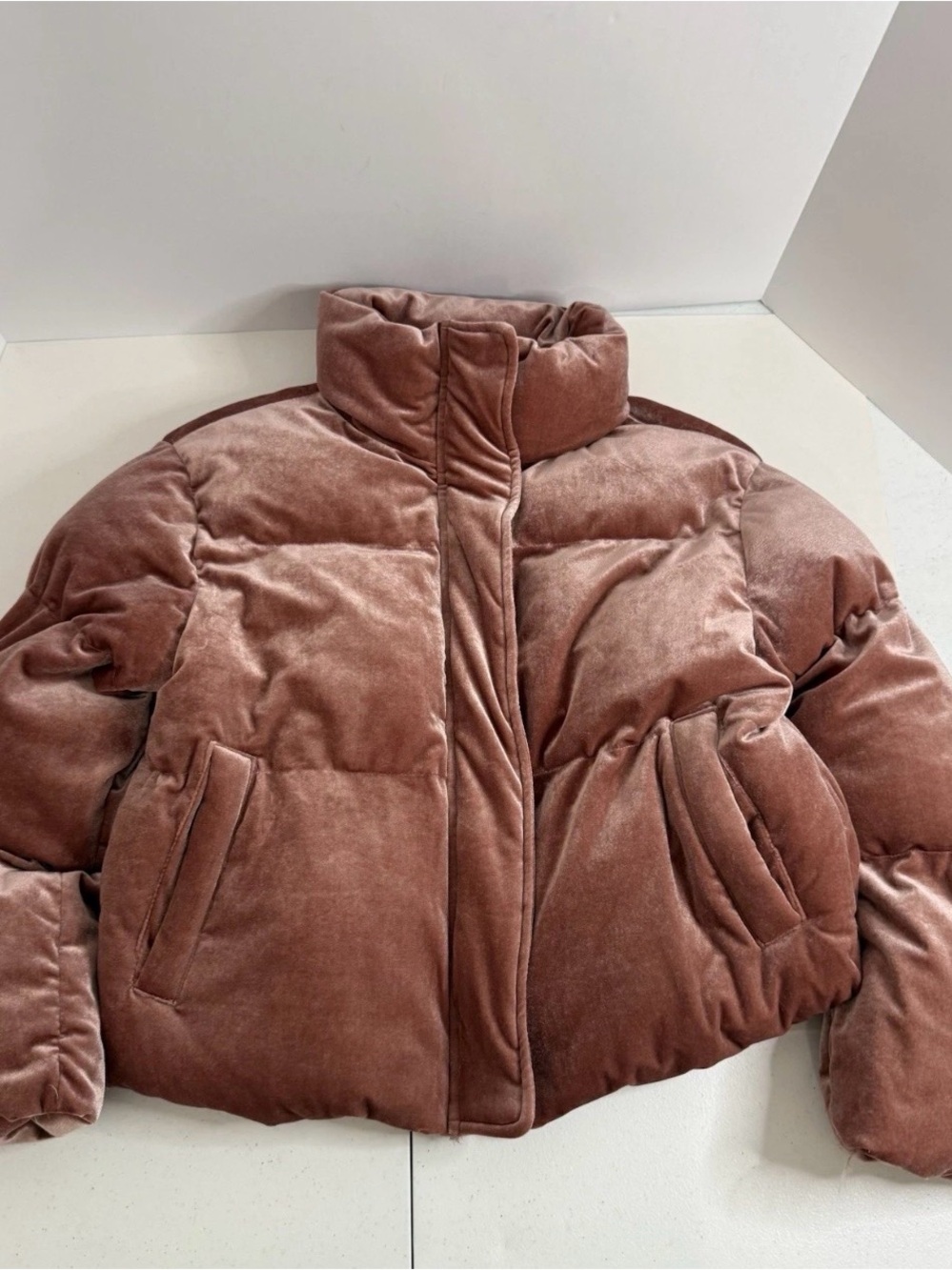 Buddy Love Mauve Velvet Puffer Jacket Quilted Crop Coat Women's Small Pink MINT